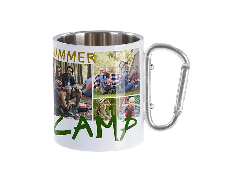 Sublimation Blanks 300ml Stainless Steel Mug w/ Silver Carabiner Handle (White)