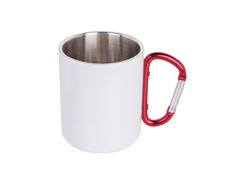 Sublimation 300ml Stainless Steel Mug w/ Red Carabiner Handle (White)