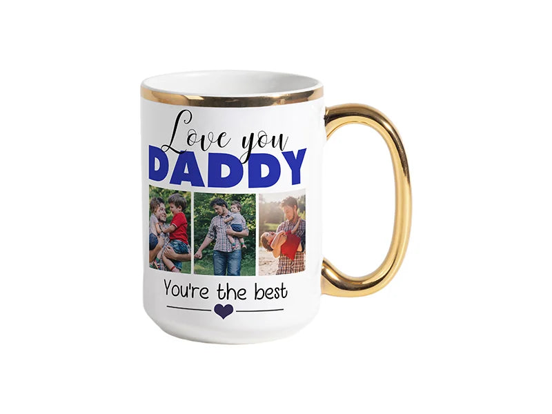 Sublimation 15oz White Mug with Gold Metallic Handle