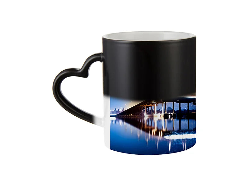 Sublimation 11oz Full Color Change Mug with Heart Handle (Semi Glossy, Black)