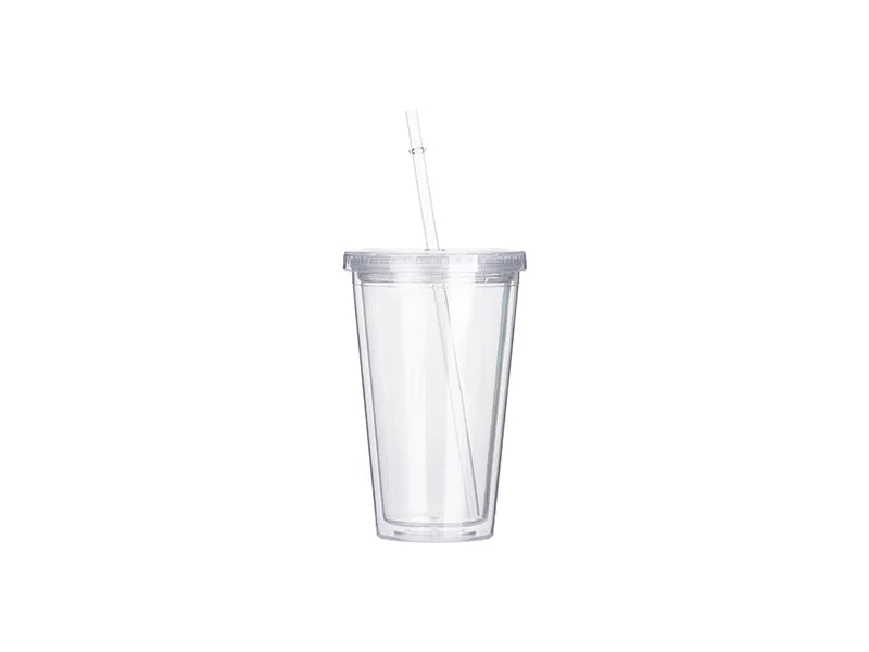 16oz/480ml Double Wall Clear Acrylic Tumbler with Straw & Lid