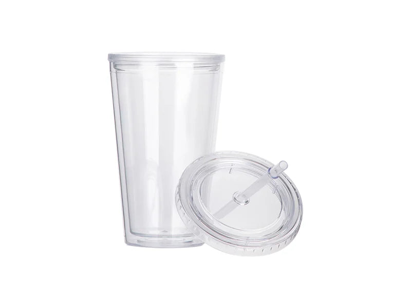 16oz/480ml Double Wall Clear Acrylic Tumbler with Straw & Lid