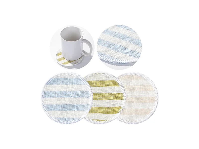 Sublimation Blanks Linen Round Mug Coaster(10*10cm, Beige and Light Green Stripe)