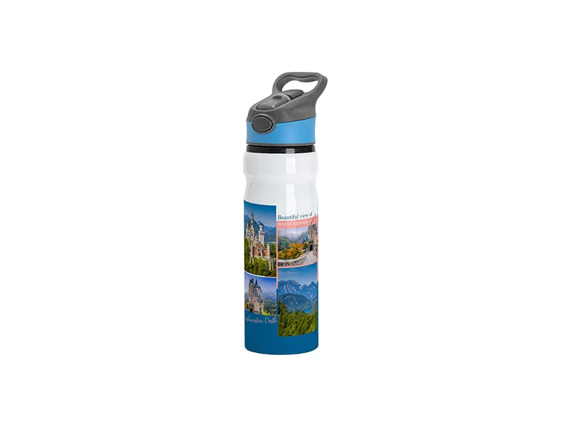 Sublimation 25oz/750ml Aluminium Water Bottle with Blue&Gray Cap (White)