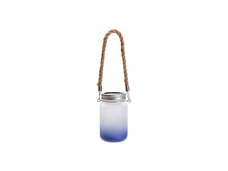 15oz/450ml Sublimation Blanks Mason Jar w/ Lantern Lid and Hemp Rope Handle (Frosted, Gradient Dark Blue)