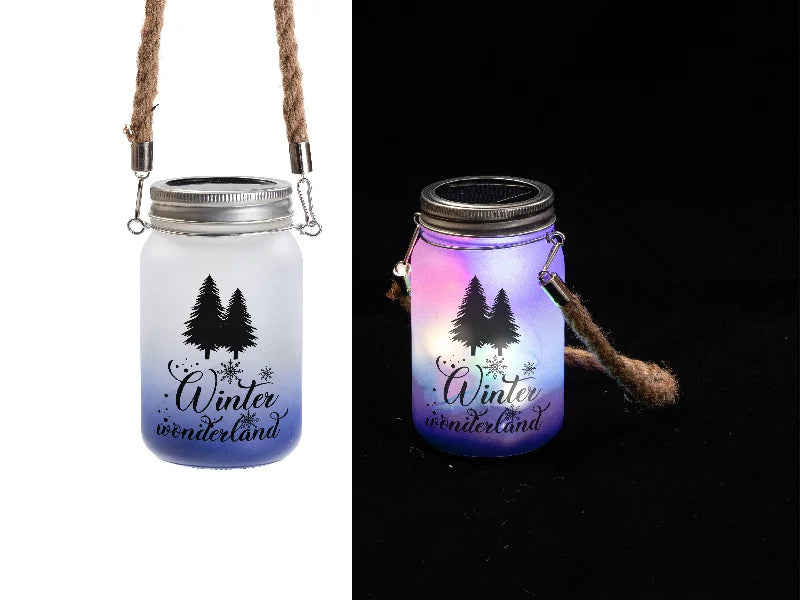 15oz/450ml Sublimation Blanks Mason Jar w/ Lantern Lid and Hemp Rope Handle (Frosted, Gradient Dark Blue)