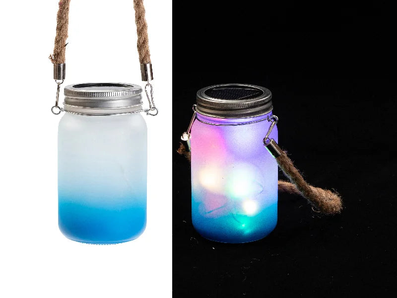 15oz/450ml Sublimation Blanks Mason Jar w/ Lantern Lid and Hemp Rope Handle (Frosted, Gradient Light Blue)