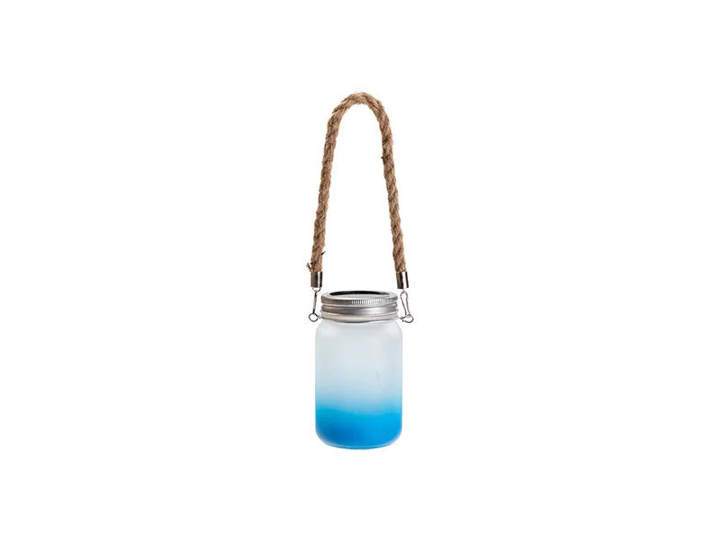 15oz/450ml Sublimation Blanks Mason Jar w/ Lantern Lid and Hemp Rope Handle (Frosted, Gradient Light Blue)