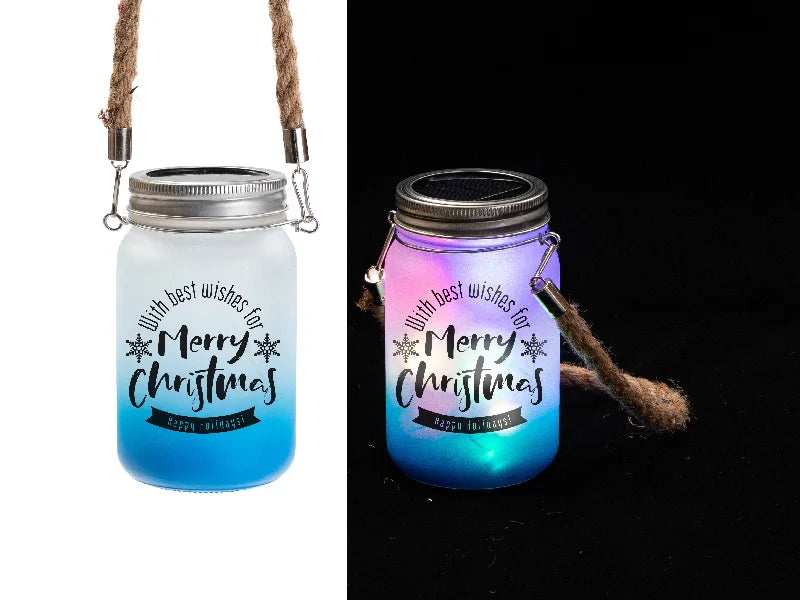 15oz/450ml Sublimation Blanks Mason Jar w/ Lantern Lid and Hemp Rope Handle (Frosted, Gradient Light Blue)