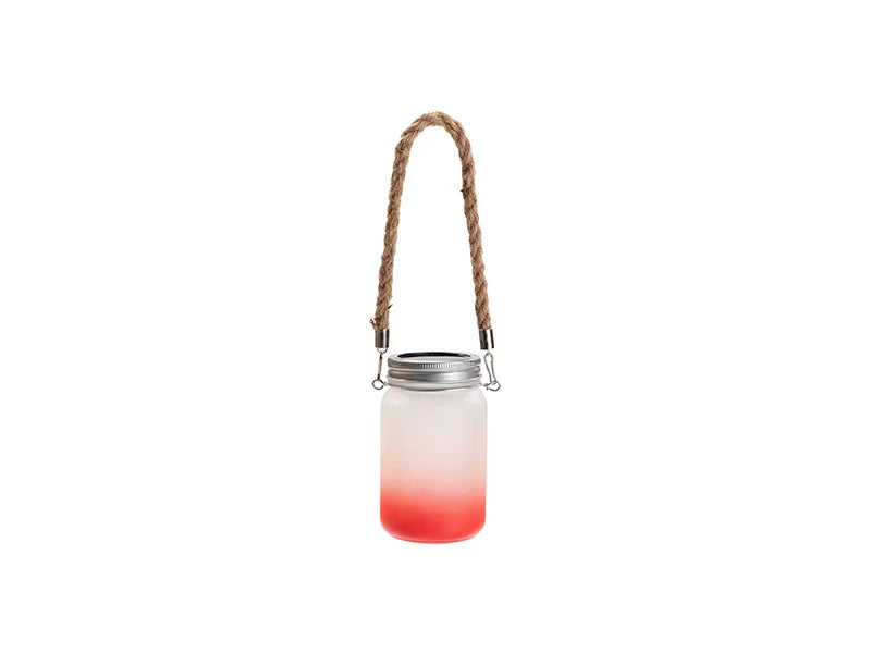 15oz/450ml Sublimation Blanks Mason Jar w/ Lantern Lid and Hemp Rope Handle (Frosted, Gradient Red)
