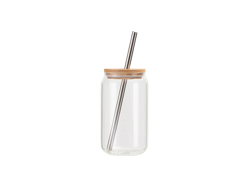 Sublimation Blanks 13oz/400ml Clear Can Glass Mug with bamboo lid & ss straw
