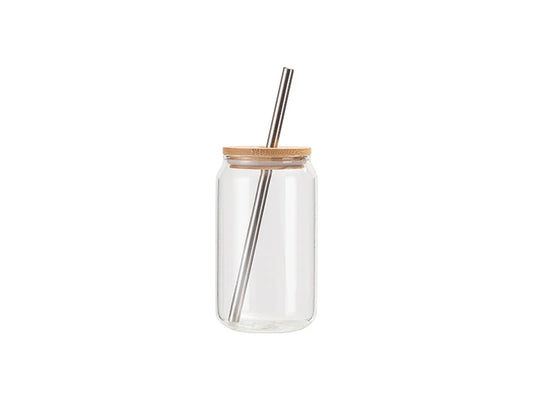 Sublimation Blanks 13oz/400ml Clear Can Glass Mug with bamboo lid & ss straw