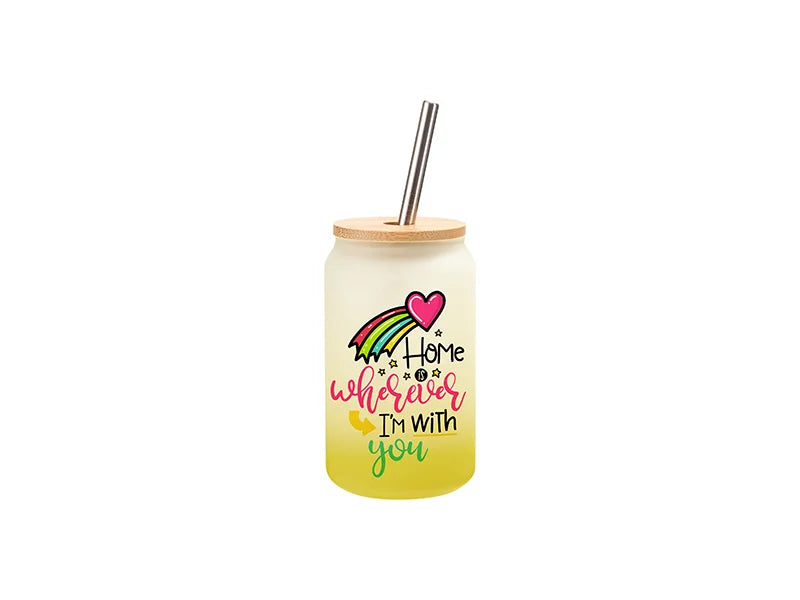 13oz/400ml Sublimation Blanks Glass Can Tumbler with Bamboo Lid Gradient Lemon Yellow