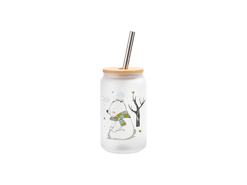 13oz/400ml Sublimation Blanks Glass Can Tumbler with Bamboo Lid Frosted White