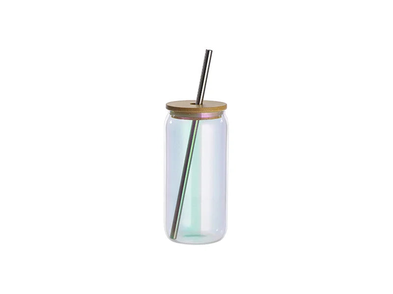 Sublimation Blanks 18oz/550ml Clear Iridescent Glass Can with Bamboo Lid