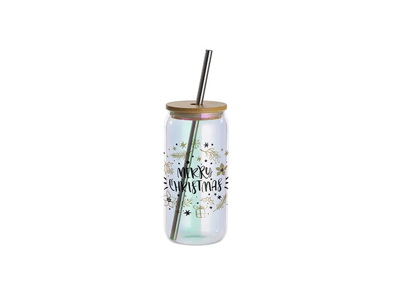 Sublimation Blanks 18oz/550ml Clear Iridescent Glass Can with Bamboo Lid