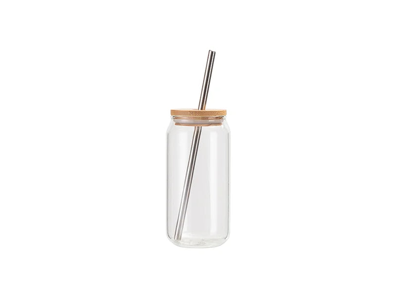 Sublimation Blanks 18oz/550ml Clear Can Glass Mug with bamboo lid & metal straw