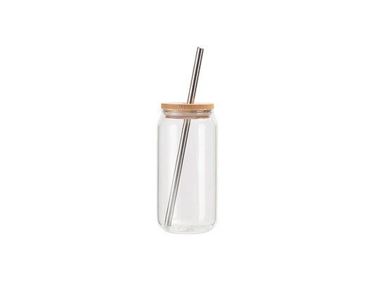 Sublimation Blanks 18oz/550ml Clear Can Glass Mug with bamboo lid & metal straw
