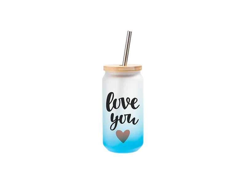 18oz/550ml Sublimation Blanks Glass Can Tumbler Gradient Light Blue with Bamboo Lid
