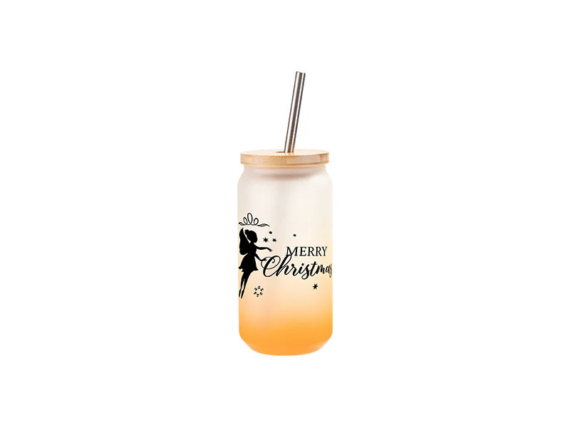 18oz/550ml Sublimation Blanks Glass Can Tumbler Gradient Orange with Bamboo Lid