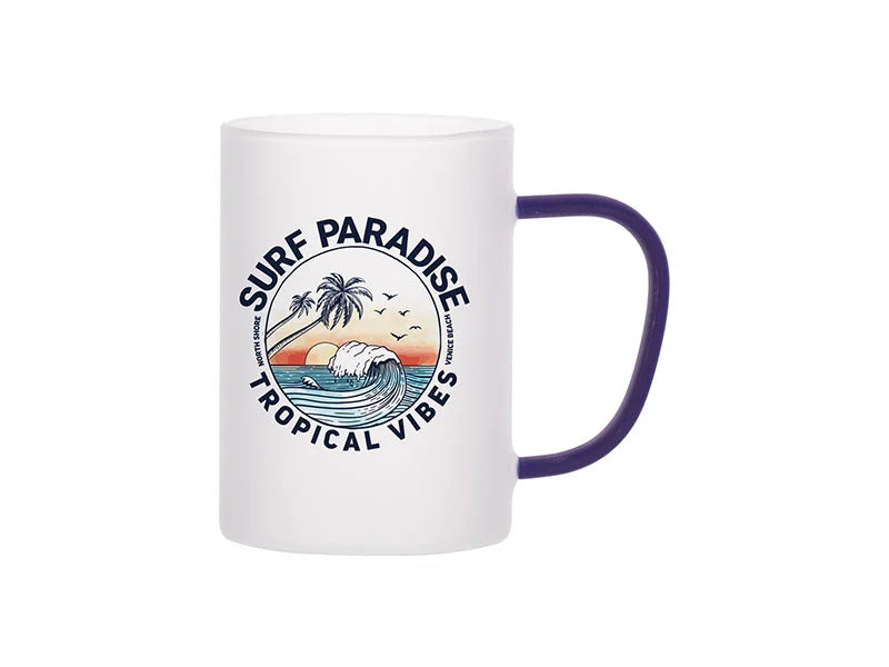 Sublimation 12oz/360ml Glass Mug w/ Dark Blue Handle(Frosted)