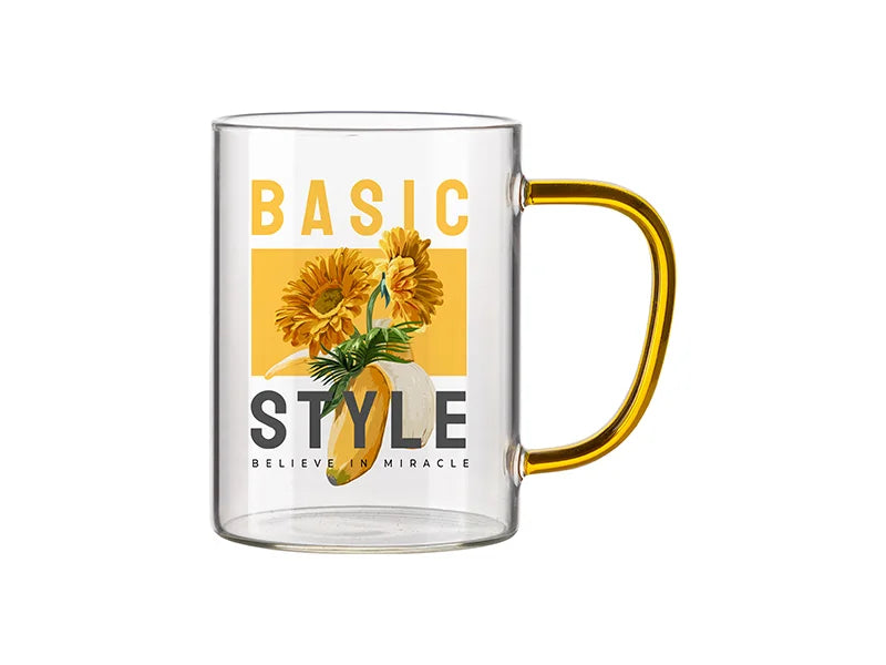 15oz/450ml Glass Mug w/ Yellow Handle(Clear)