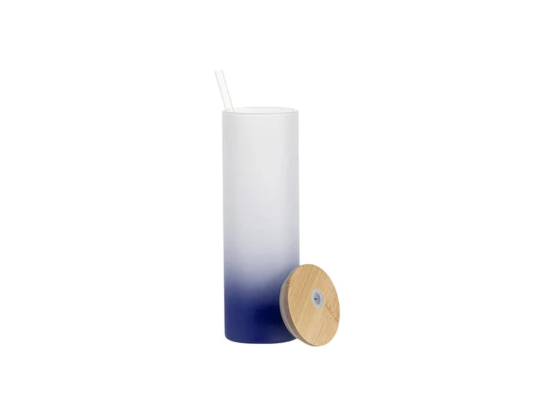 Sublimation Blanks 20oz/600ml Glass Skinny Tumbler w/Straw & Bamboo Lid(Frosted, Gradient Dark Blue)