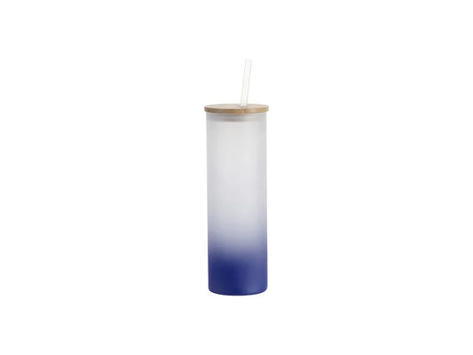 Sublimation Blanks 20oz/600ml Glass Skinny Tumbler w/Straw & Bamboo Lid(Frosted, Gradient Dark Blue)