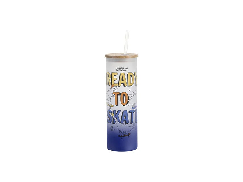 Sublimation Blanks 20oz/600ml Glass Skinny Tumbler w/Straw & Bamboo Lid(Frosted, Gradient Dark Blue)