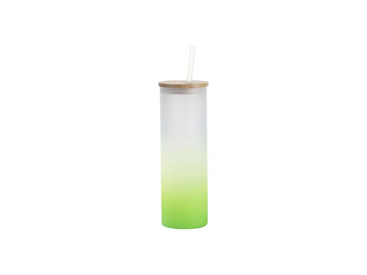 Sublimation Blanks 20oz/600ml Glass Skinny Tumbler w/Straw & Bamboo Lid(Frosted, Gradient Green)