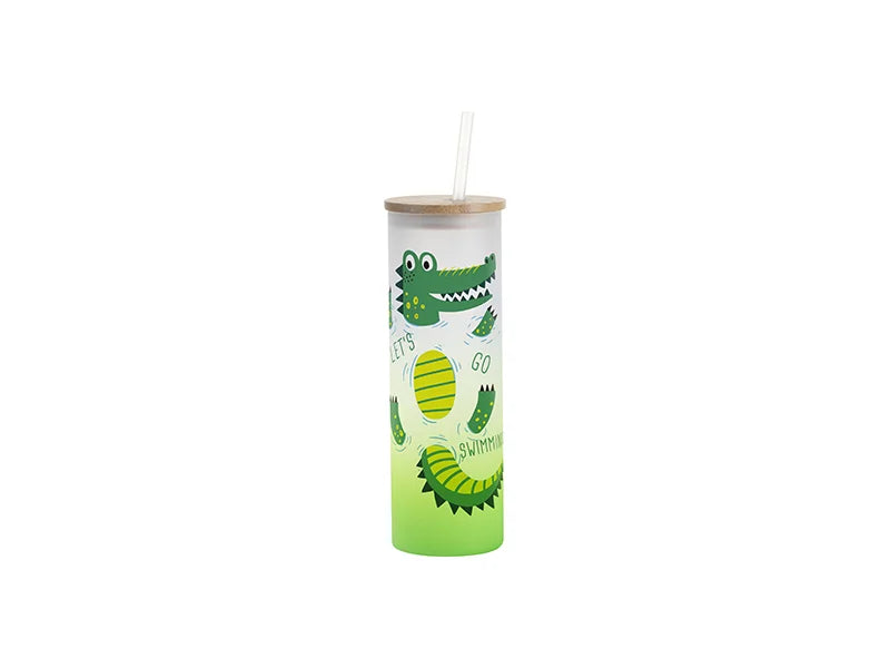 Sublimation Blanks 20oz/600ml Glass Skinny Tumbler w/Straw & Bamboo Lid(Frosted, Gradient Green)
