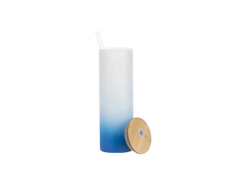 Sublimation Blanks 20oz/600ml Glass Skinny Tumbler w/Straw & Bamboo Lid(Frosted, Gradient Light Blue)