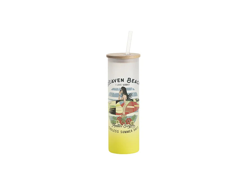 Sublimation Blanks 20oz/600ml Glass Skinny Tumbler w/Straw & Bamboo Lid(Frosted, Gradient Lemon Yellow)