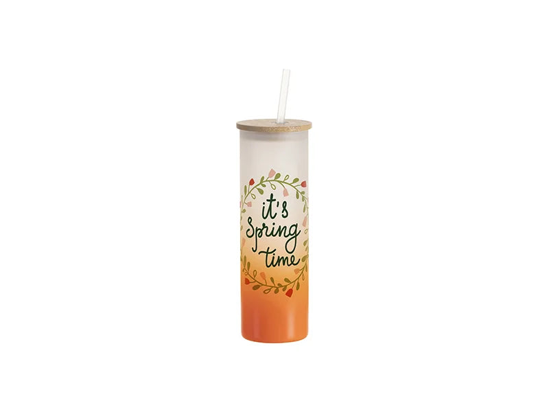 Sublimation Blanks 20oz/600ml Glass Skinny Tumbler w/Straw & Bamboo Lid(Frosted, Gradient Orange)