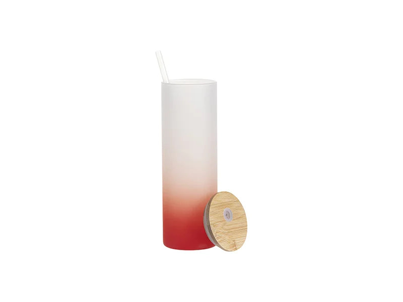 Sublimation Blanks 20oz/600ml Glass Skinny Tumbler w/Straw & Bamboo Lid(Frosted, Gradient Red)