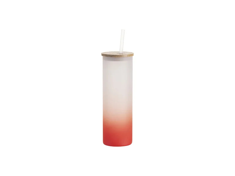 Sublimation Blanks 20oz/600ml Glass Skinny Tumbler w/Straw & Bamboo Lid(Frosted, Gradient Red)