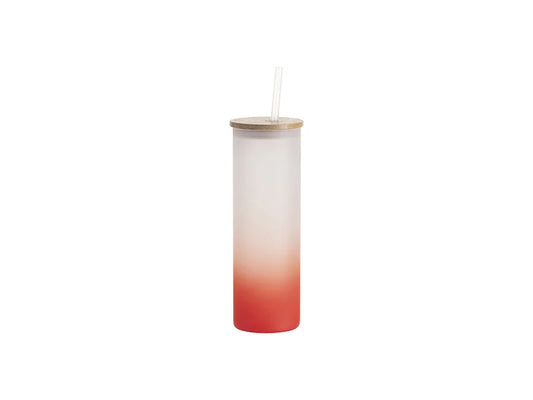 Sublimation Blanks 20oz/600ml Glass Skinny Tumbler w/Straw & Bamboo Lid(Frosted, Gradient Red)