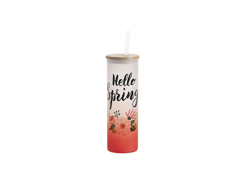 Sublimation Blanks 20oz/600ml Glass Skinny Tumbler w/Straw & Bamboo Lid(Frosted, Gradient Red)