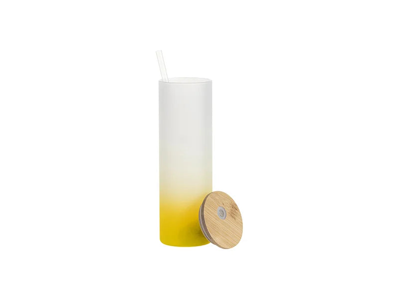 Sublimation Blanks 20oz/600ml Glass Skinny Tumbler w/Straw & Bamboo Lid(Frosted, Gradient Yellow)