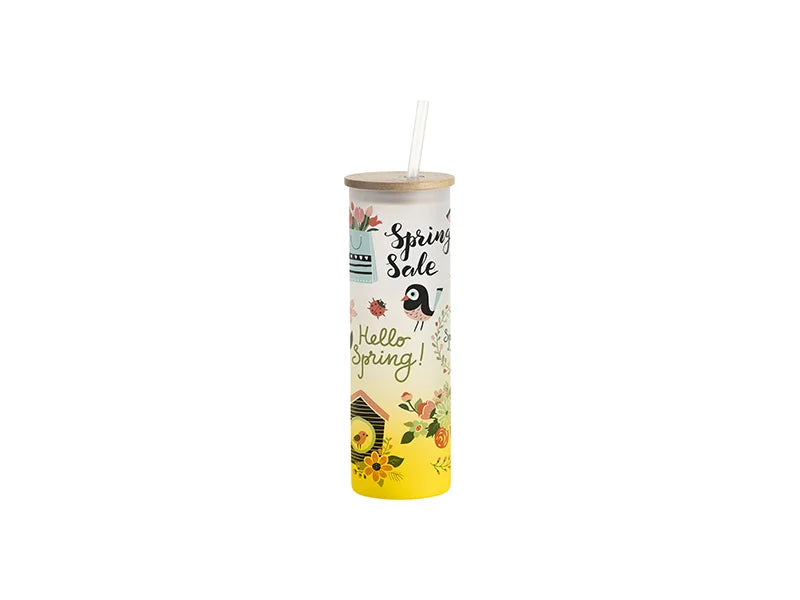 Sublimation Blanks 20oz/600ml Glass Skinny Tumbler w/Straw & Bamboo Lid(Frosted, Gradient Yellow)