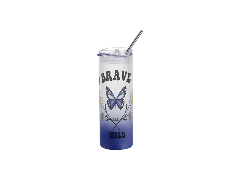 Sublimation Blanks 25oz/750ml Glass Skinny Tumbler with Plastic Straw&Lid (Frosted, Gradient Dark Blue)