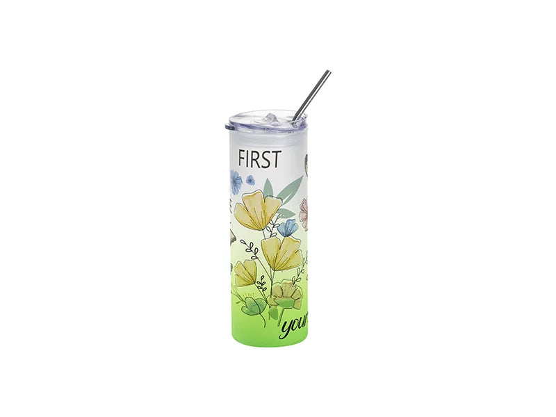 Sublimation Blanks 25oz/750ml Glass Skinny Tumbler with Plastic Straw&Lid (Frosted, Gradient Green)