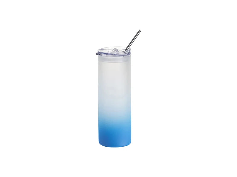 Sublimation Blanks 25oz/750ml Glass Skinny Tumbler with Plastic Straw&Lid (Frosted, Gradient Light Blue)