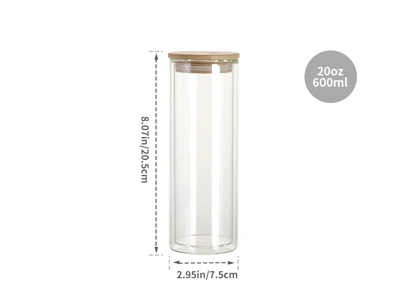 Sublimation Blanks 20oz/600ml Double Wall Clear Skinny Glass Tumbler with bamboo lid