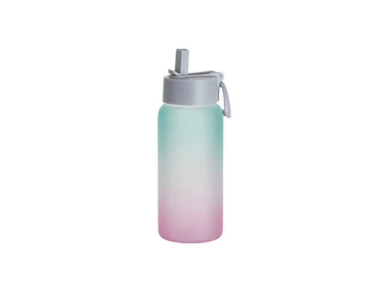 Sublimation 25oz/750ml Frosted Glass Sports Bottle w/ Grey Straw Lid (Gradient Color Green & Pink)