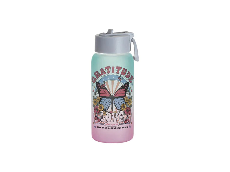 Sublimation 25oz/750ml Frosted Glass Sports Bottle w/ Grey Straw Lid (Gradient Color Green & Pink)