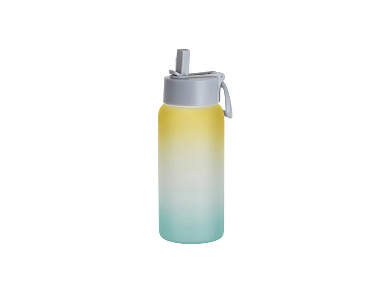 Sublimation 25oz/750ml Frosted Glass Sports Bottle w/ Grey Straw Lid (Gradient Color Yellow & Green)