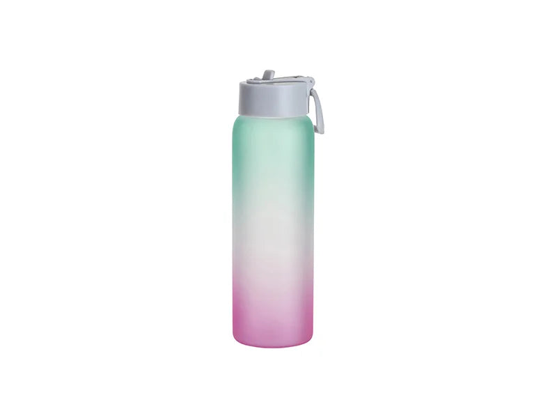 Sublimation 32oz/950ml Frosted Glass Sports Bottle w/ Grey Straw Lid (Gradient Color Green & Pink)