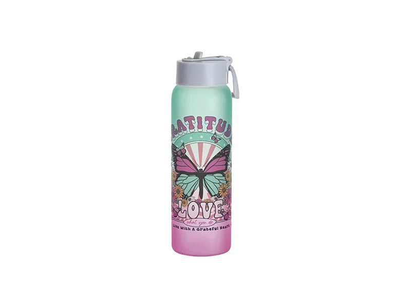 Sublimation 32oz/950ml Frosted Glass Sports Bottle w/ Grey Straw Lid (Gradient Color Green & Pink)