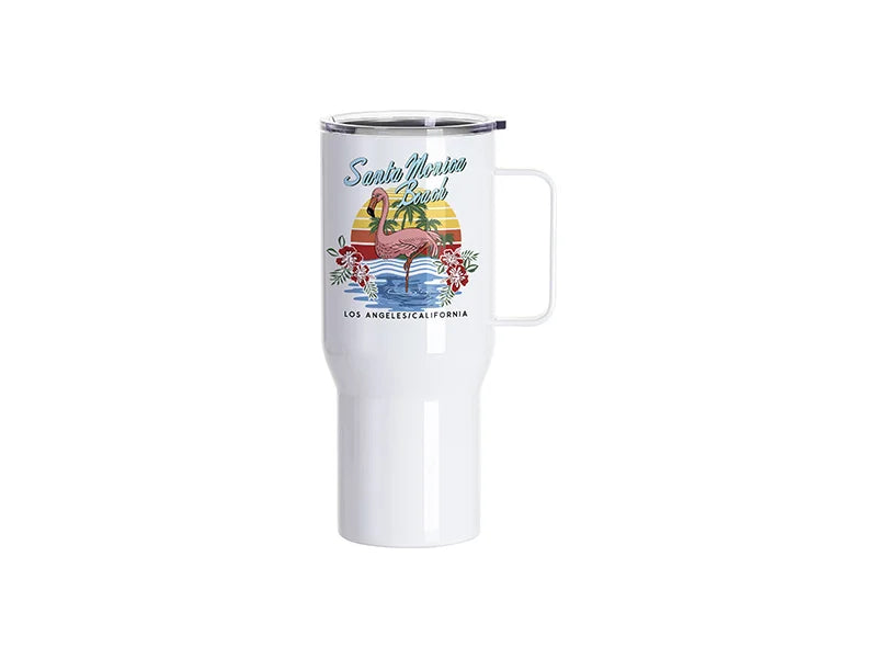 Sublimation Blanks 25oz/750ml Stainless Steel Travel Tumbler with Clear Flat Lid & Handle (White)